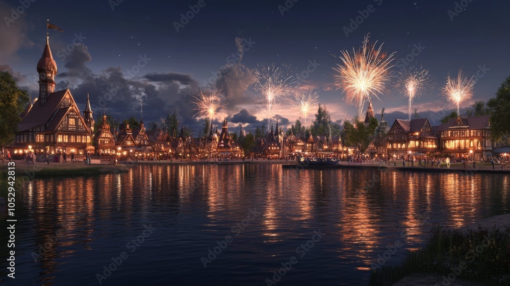 Obraz premium Peaceful Night View of Countryside with Glowing Reflections