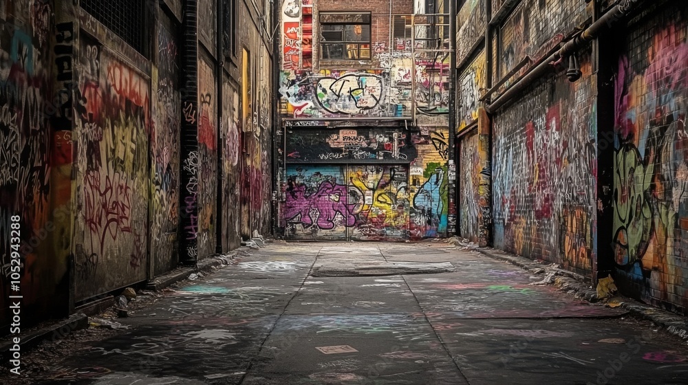 Fototapeta premium Urban alleyway showcasing vibrant graffiti art.
