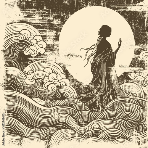 Ethereal Maiden of the Waves - Vintage Japanese-Inspired Illustration.