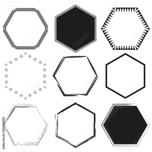 Hexagon frame designs. Geometric decorative borders. Vector illustration.