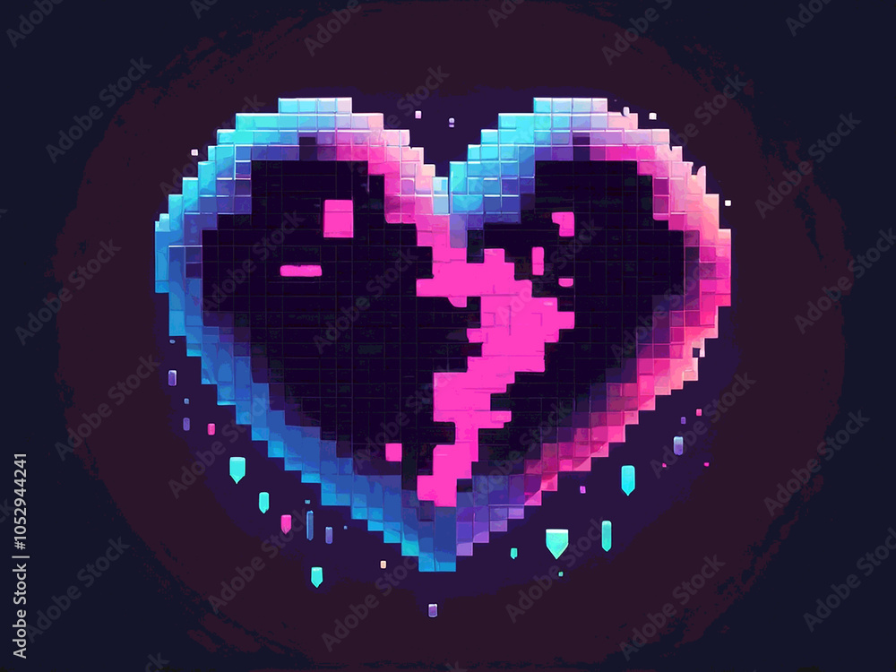 Abstract Pixel art heart icon isolated on dark background. 8 bit retrowave and vaporwave illustration Abstract Pixel art heart icon isolated on dark background. 8 bit retrowave and vaporwave illustration