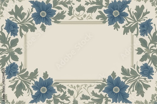 A pale beige background with stylized colonial-era floral patterns featuring muted shades of blue and sage green