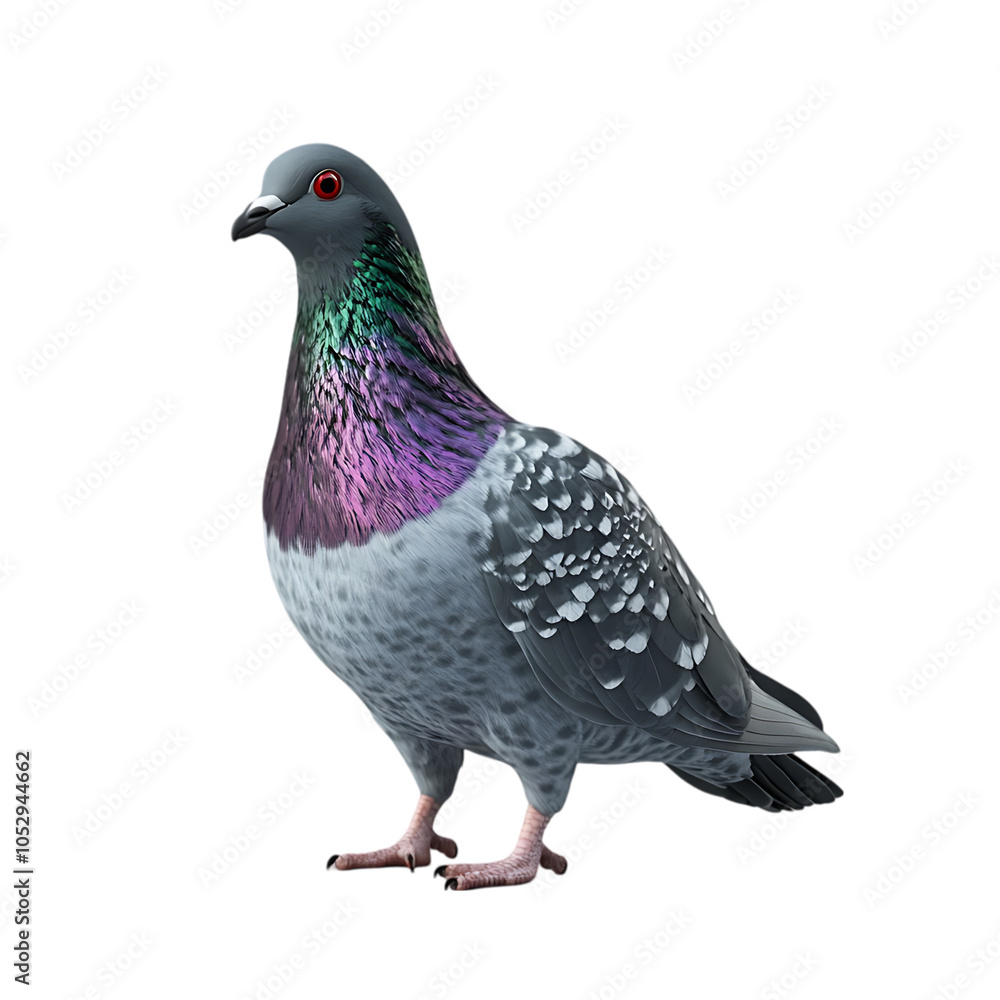 A single pigeon with iridescent feathers standing against a black background. A single pigeon with iridescent feathers standing against a black background.