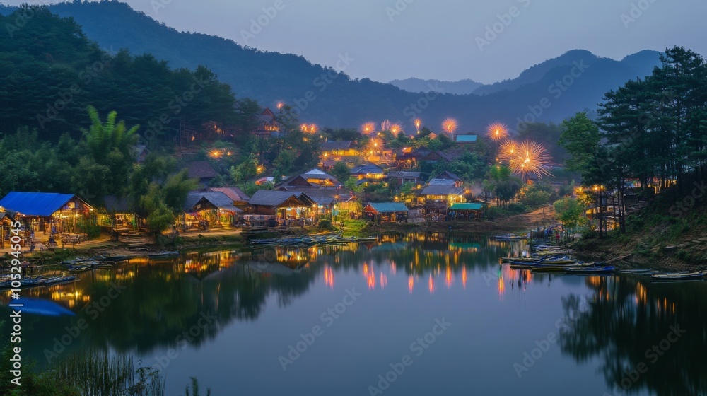 Fototapeta premium Tranquil Mountain Village at Dusk with Reflections