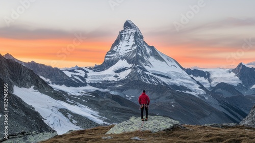 A man stands on a mountain top, looking out at the beautiful landscape