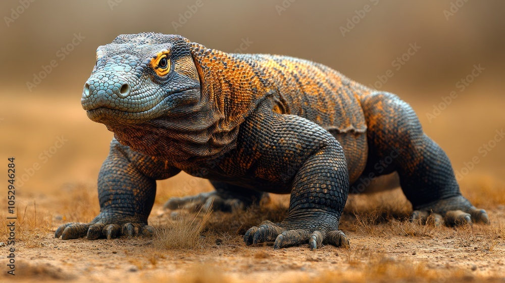 Fototapeta premium Close-up of a Komodo Dragon with Yellow Eyes Standing on Dry Ground