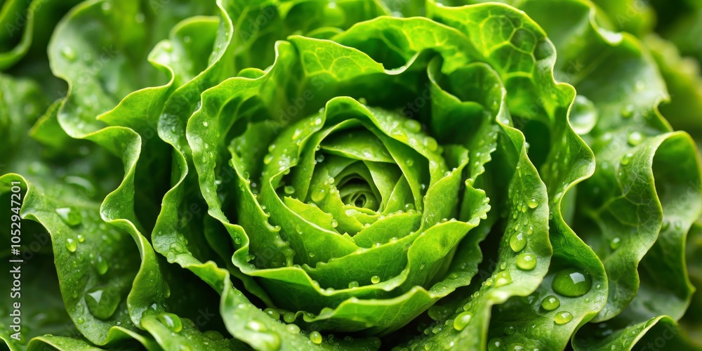 Fototapeta premium Dewy Green Lettuce Close-Up, Macro Photography, Freshness, Nature, ,Lettuce, Dew