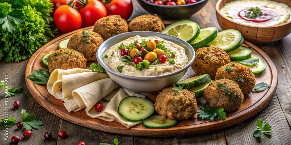 Falafel Platter with Hummus, Pita Bread, and Cucumber, Middle Eastern Food, Mediterranean Cuisine, Vegetarian Falafel Platter with Hummus, Pita Bread, and Cucumber, Middle Eastern Food, Mediterranean Cuisine, Vegetarian