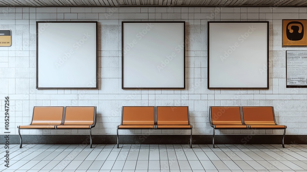 Three blank posters on a white tiled wall in a subway station with three empty benches below. Three blank posters on a white tiled wall in a subway station with three empty benches below.