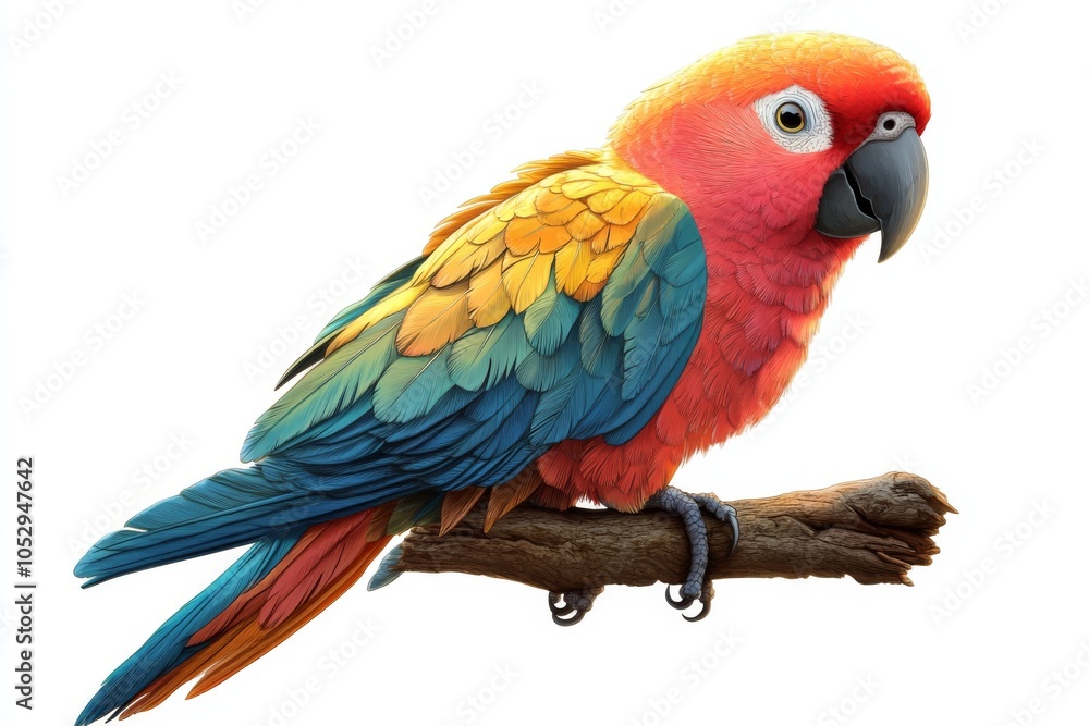 Colorful Scarlet Macaw Parrot Perched on Branch Isolated on White Background Colorful Scarlet Macaw Parrot Perched on Branch Isolated on White Background