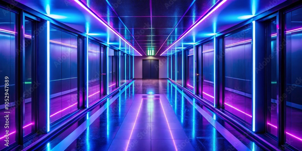 Fototapeta premium Neon Reflections in a Modern Hallway, Neon Lights, Hallway, Architecture