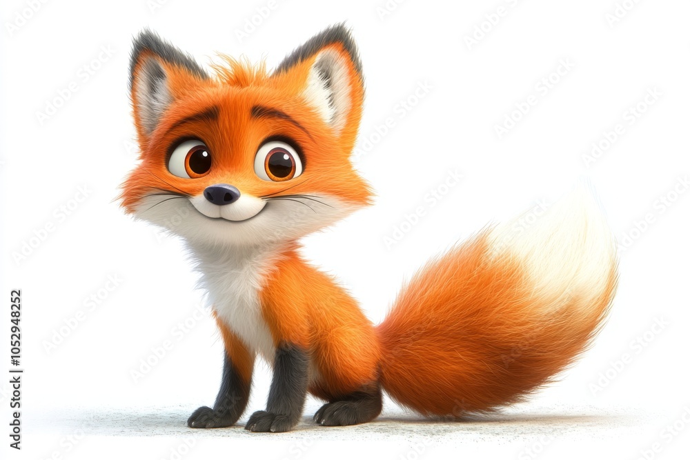 Fototapeta premium Cute Cartoon Fox Character Sitting and Smiling with Big Eyes and Fluffy Tail