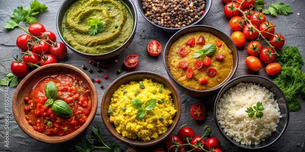 Top View of Colorful Bowls of Food with Tomatoes, Parsley, and Basil, Food Photography, Delicious, Italian, Cuisine Top View of Colorful Bowls of Food with Tomatoes, Parsley, and Basil, Food Photography, Delicious, Italian, Cuisine