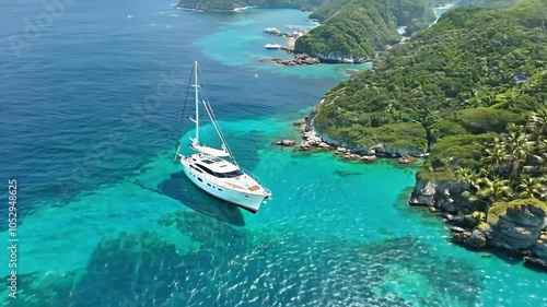 breathtaking topdown drone footage luxurious yacht anchored Caribbean Sea gliding turquoise waters Saint Lucia crystalclear 4K resolution 24 frames second clearwater sailboat superyacht photo