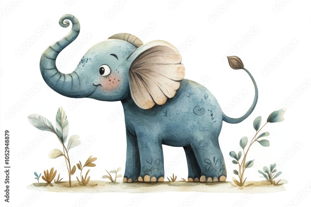 Obraz premium Cute Watercolor Elephant Illustration with Floral Elements