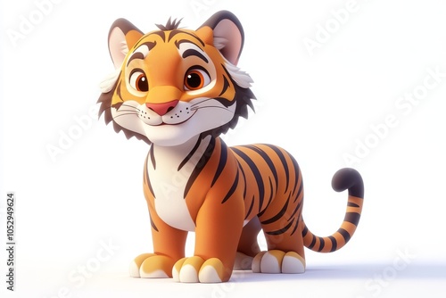 Cute Cartoon Tiger Cub 3D Rendering Isolated on White Background