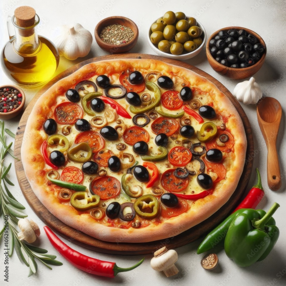 Olive and pepper pizza on a white background for menu Olive and pepper pizza on a white background for menu