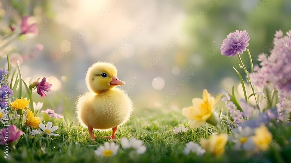 Charming duckling surrounded by colorful flowers Charming duckling surrounded by colorful flowers