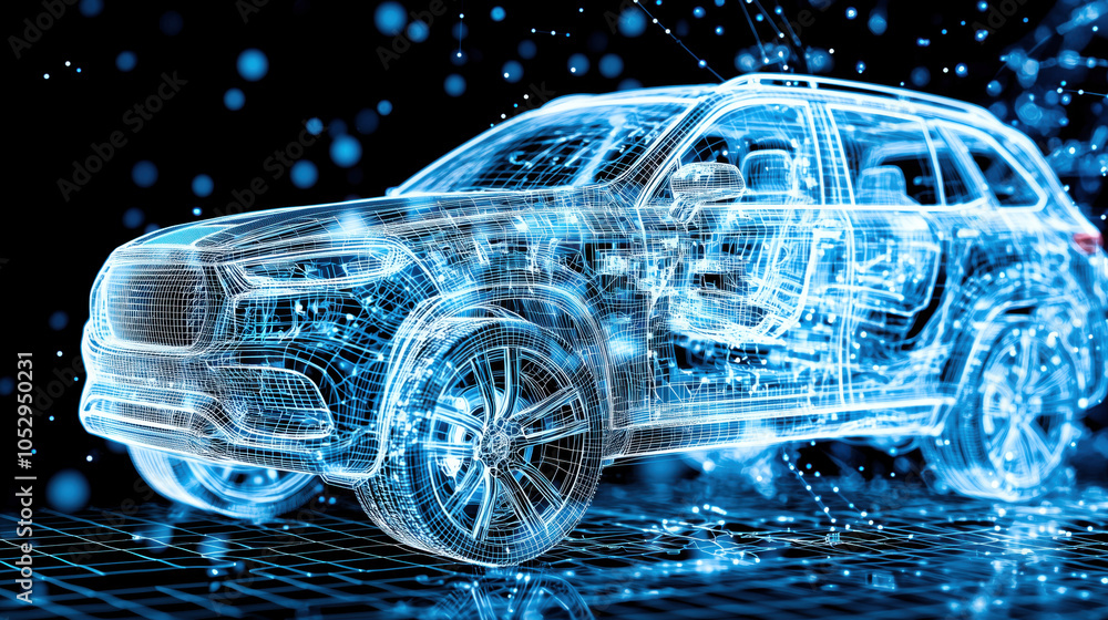 Naklejka premium Futuristic SUV Hologram: Sci-Fi Wireframe with Radiant Light