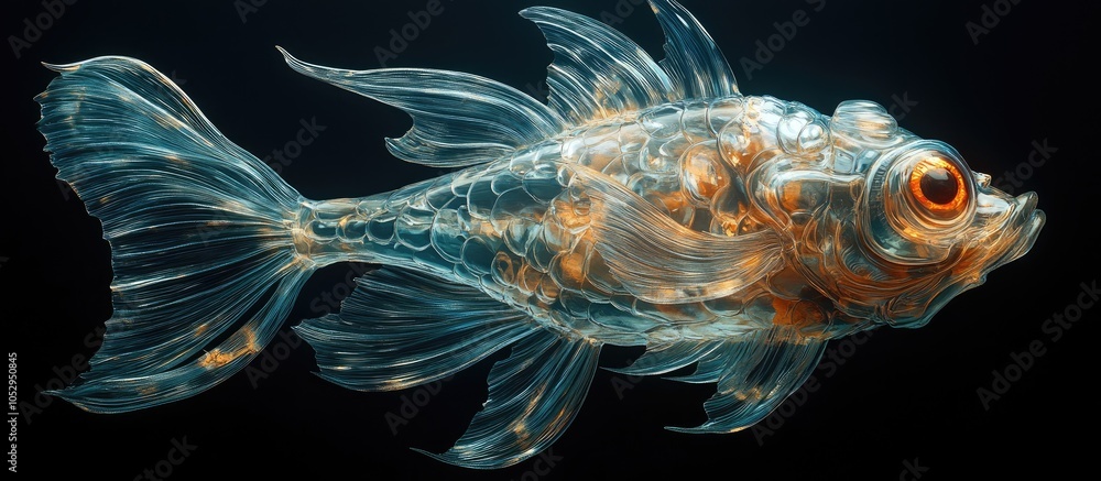 A translucent fish with intricate details and a bright orange eye swims against a black background. A translucent fish with intricate details and a bright orange eye swims against a black background.