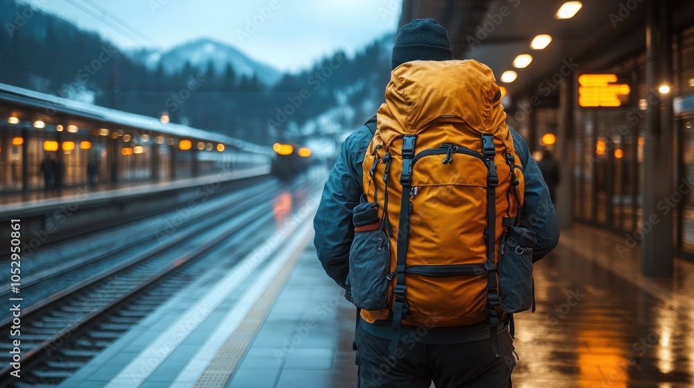 Obraz premium A lone traveler with a yellow backpack stands on a train platform