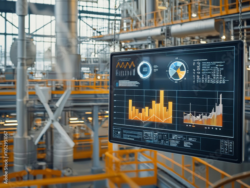 Data visualization on digital screen displays energy consumption patterns in modern industrial facility. vibrant graphs and charts illustrate trends and analytics, showcasing efficiency and