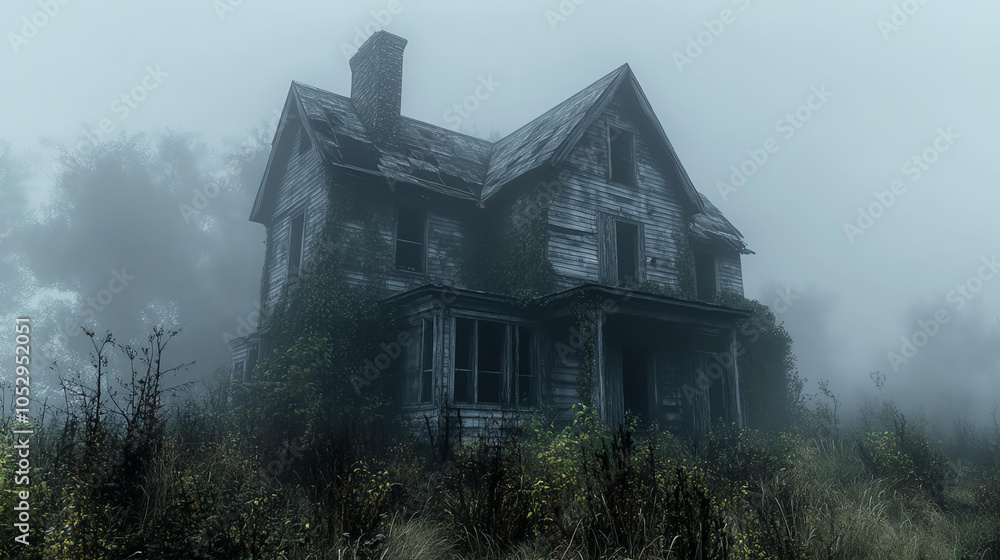 Abandoned House in Foggy Landscape Abandoned House in Foggy Landscape