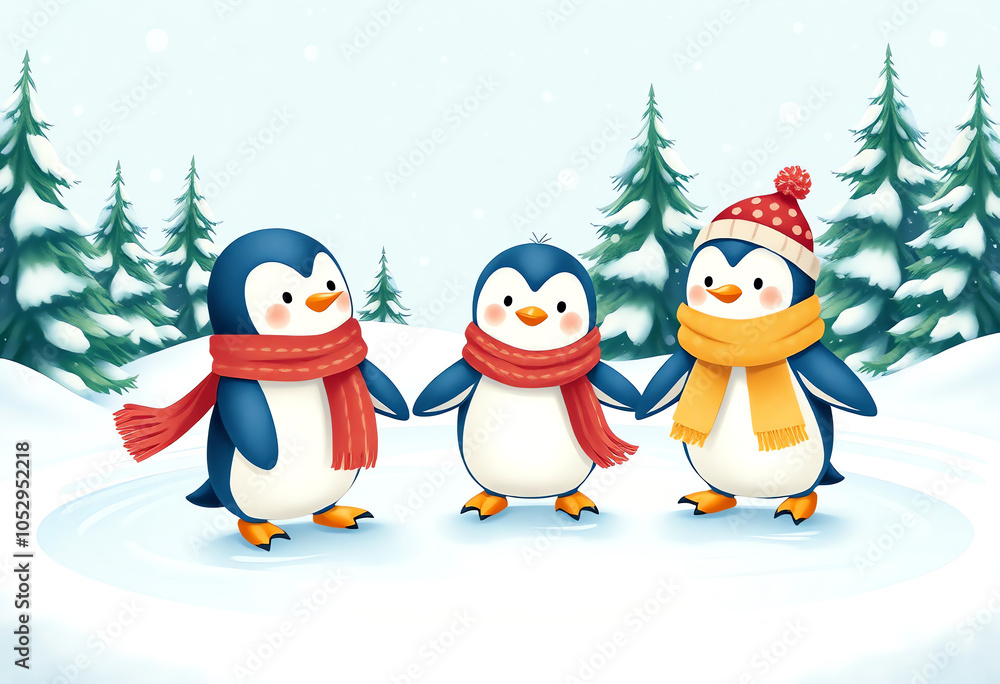 Fototapeta premium Little penguin wearing different colored scarves and hats with winter background