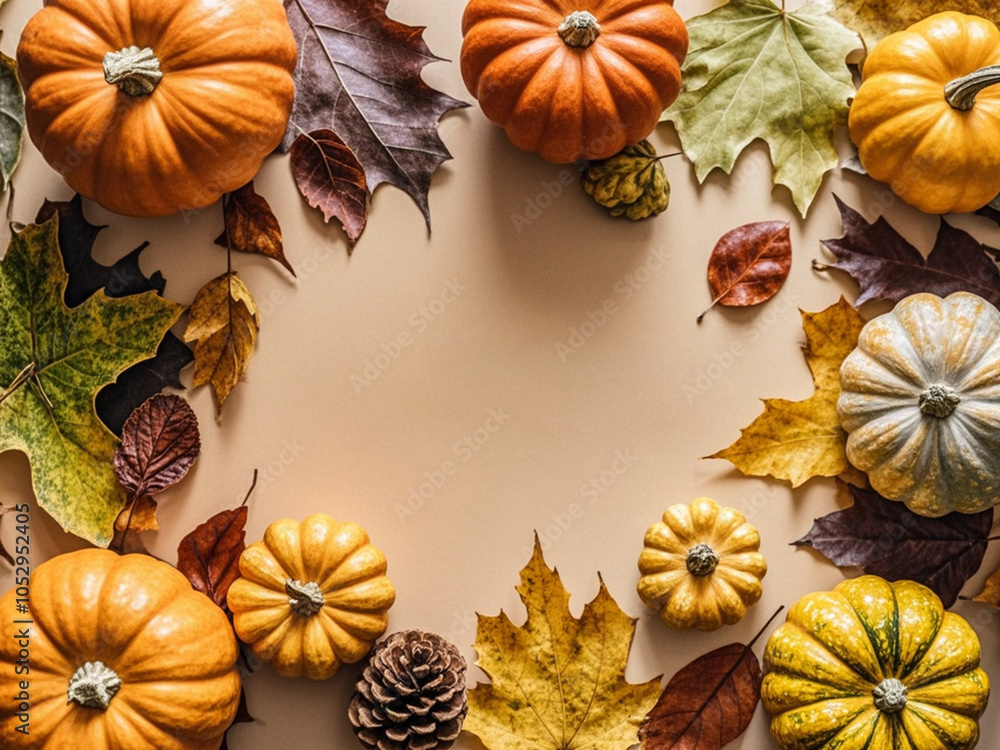 Autumn Thanksgiving holiday background from pumpkins, colorful dried leaves and fall decorations top view.