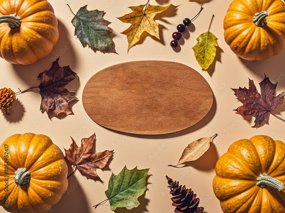 Autumn Thanksgiving holiday background from pumpkins, colorful dried leaves and fall decorations top view.