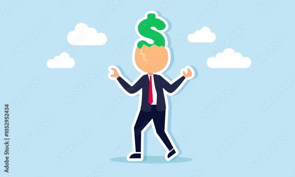 A businessman with an eggshell head containing a dollar sign, illustration of a businessman successful in making business investments A businessman with an eggshell head containing a dollar sign, illustration of a businessman successful in making business investments