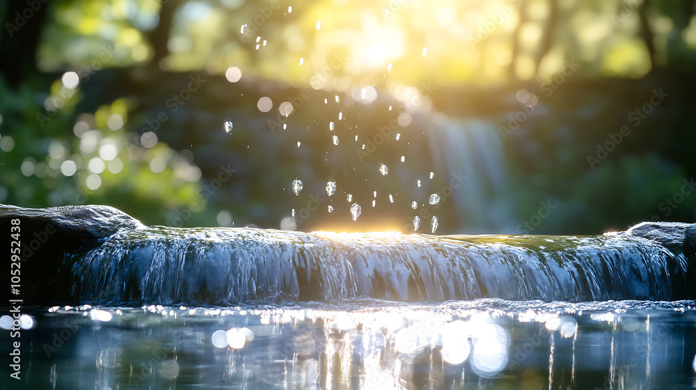 A close-up of water droplets sparkling in the sunlight as a waterfall ...