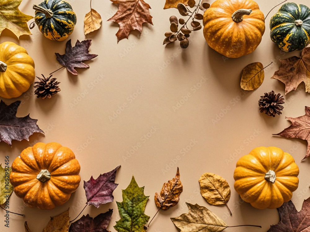 Autumn Thanksgiving holiday background from pumpkins, colorful dried leaves and fall decorations top view.