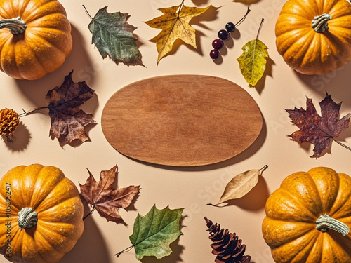 Obraz na płótnie Autumn Thanksgiving holiday background from pumpkins, colorful dried leaves and fall decorations top view. w salonie