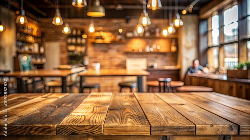 A rustic wooden table with a blurred background of a warm and inviting cafe setting A rustic wooden table with a blurred background of a warm and inviting cafe setting