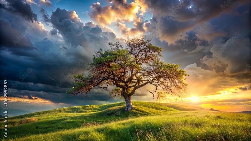 A solitary tree stands tall amidst a dramatic sky, its branches reaching towards the sun as golden light filters through the clouds, casting long shadows on the rolling green hills below. A solitary tree stands tall amidst a dramatic sky, its branches reaching towards the sun as golden light filters through the clouds, casting long shadows on the rolling green hills below.