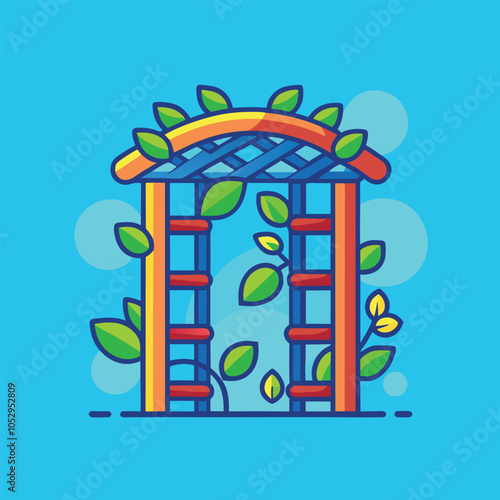 A colorful trellis with green vines and leaves against a bright blue background.