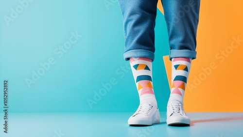 A vibrant display of colorful geometric socks paired with crisp white sneakers, set against a striking two-tone background of turquoise and orange energizes the scene beautifully. photo