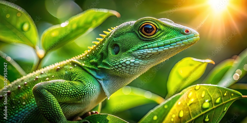 Obraz premium Emerald Reptile Basking in Golden Light, Its Eye Reflecting the Sun's Warmth Amidst Lush Foliage