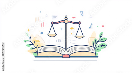 illustrated open book with scales of justice and floral design for law and justice concepts