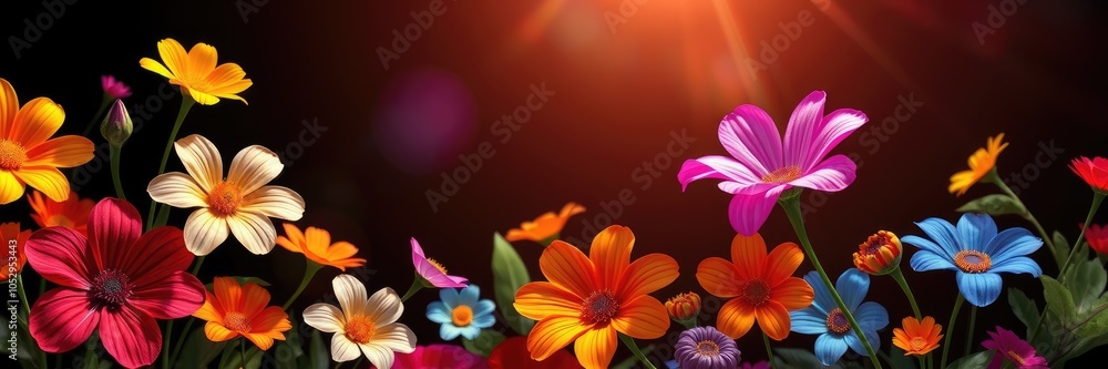 Fototapeta premium Colorful flowers, background with flowers, Colorful Garden Blooms under Warm Sunlight