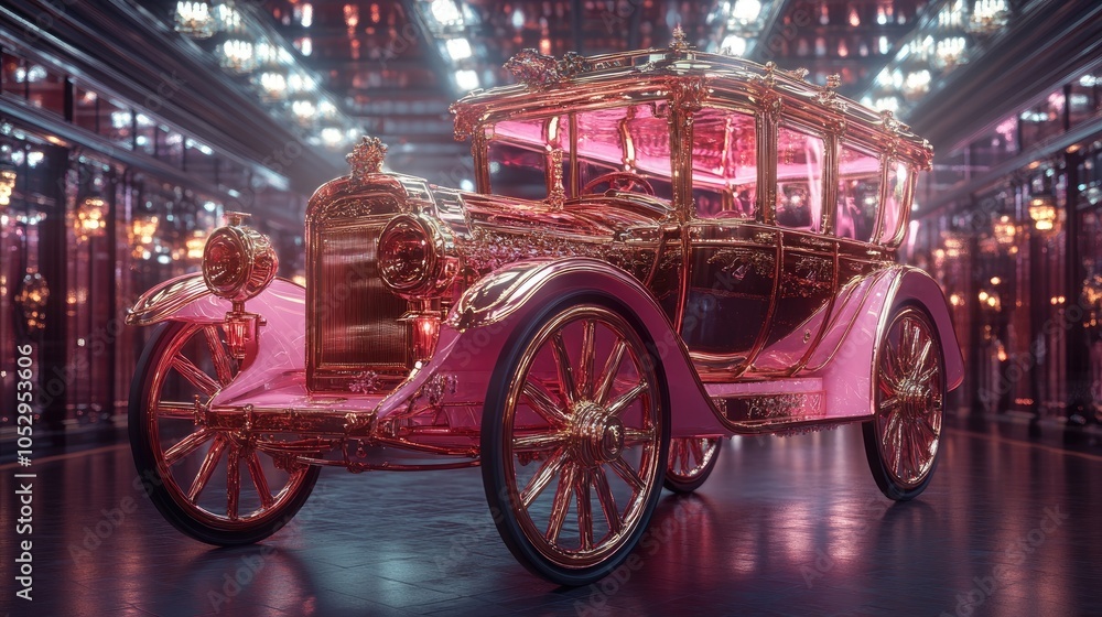 Fototapeta premium A vintage car in pink and gold hues, illuminated by pink and warm lights, on a reflective floor.