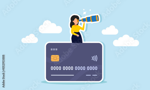 A businesswoman peering from behind a credit or debit card, illustration of monitoring business financial stability