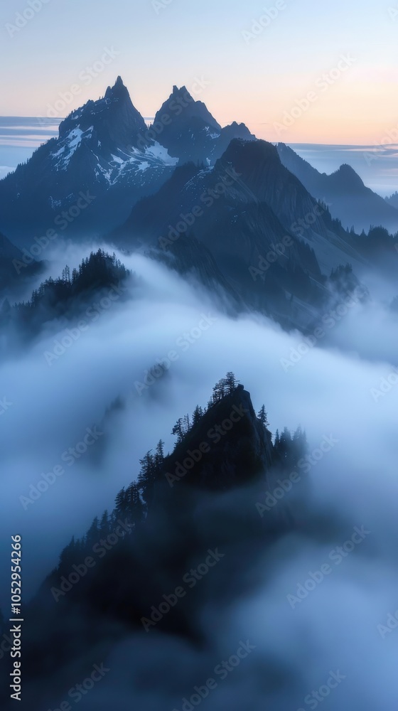 Aerial Perspective: Dreamy Morning Fog Over Majestic Peaks in Blue Hour Aerial Perspective: Dreamy Morning Fog Over Majestic Peaks in Blue Hour
