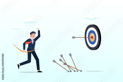 Cheerful businessman finally hit target after too many unsuccessful tries, effectiveness and efficiency to measure success rate, effort or cost to reach goal or target, practice until succeed concept