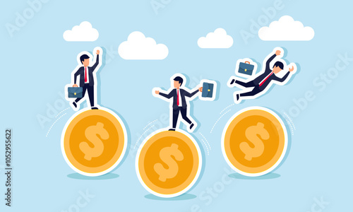 Businesspeople balancing on dollar coins, some slipping, illustration of efforts to maintain financial stability in investments to avoid losses