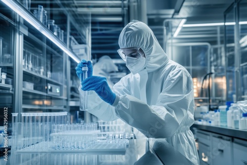 A scientist in a protective suit handling a vial of acid in a high-tech laboratory with advanced equipment