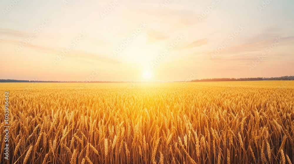 Obraz premium A golden wheat field stretches under a warm sunrise, with soft clouds hinting at a tranquil and bountiful landscape.