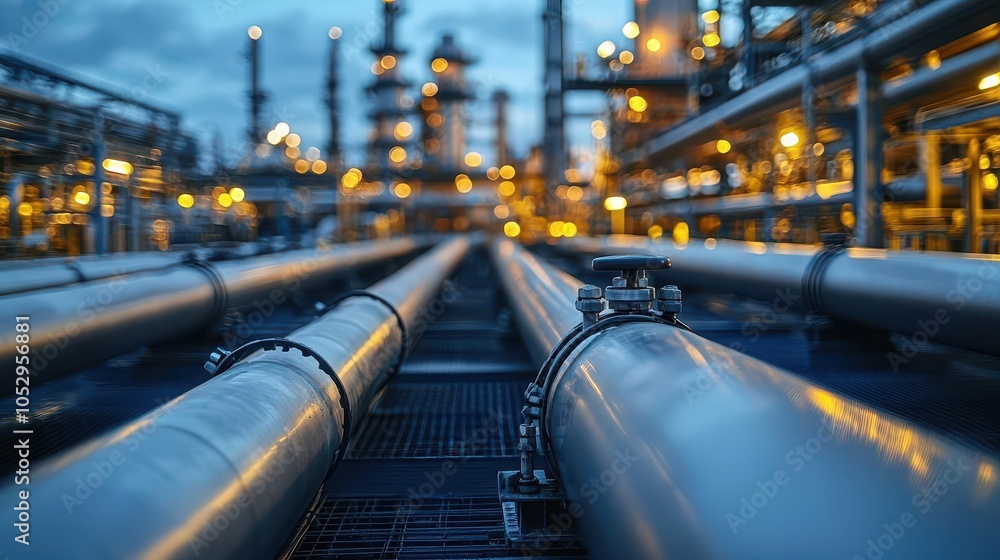 Pipelines at a gas refinery, close-up, smooth industrial lines and details Pipelines at a gas refinery, close-up, smooth industrial lines and details
