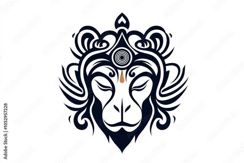 A minimalist outline of Hanuman’s face, with his third eye symbol and calm expression in simple lines A minimalist outline of Hanuman’s face, with his third eye symbol and calm expression in simple lines